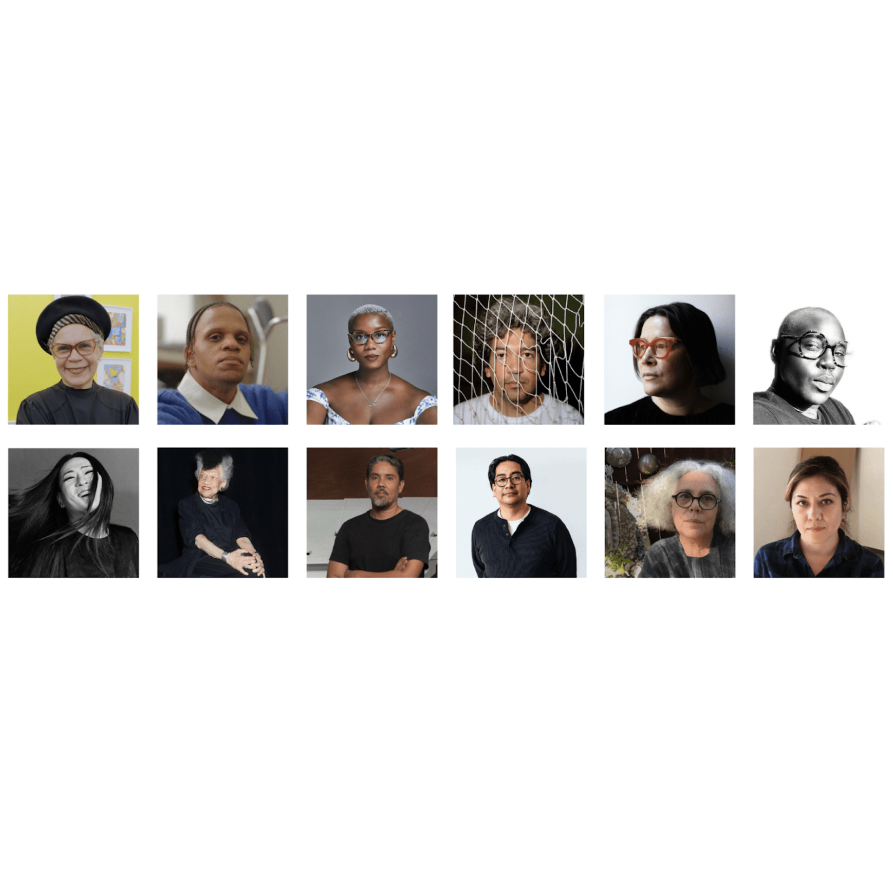 Portraits of the artists from left to right bottom: 1) Candida Alvarez, photo Sarah Ayers; 2) American Artist, photo S*an D. Henry-Smith; 3) Ja’Tovia Gary, photo JerSean Gollatt; 4) Jorge González Santos, photo José Castrellón; 5) Every Ocean Hughes, photo Märtha Thisner; 6) Autumn Knight, photo courtesy the artist; 7) Young Joon Kwak, photo Joe Pugliese; 8) Lorraine O'Grady, photo Lelanie Foster; 9) Paul Pfeiffer, photo At Maculangan, © Paul Pfeiffer, Courtesy Paula Cooper Gallery, New York; 10) Ronny Quevedo, photo Taylor Miller; 11) Alison Saar, photo courtesy the artist; and 12) Shizu Saldamando, photo courtesy the artist.
